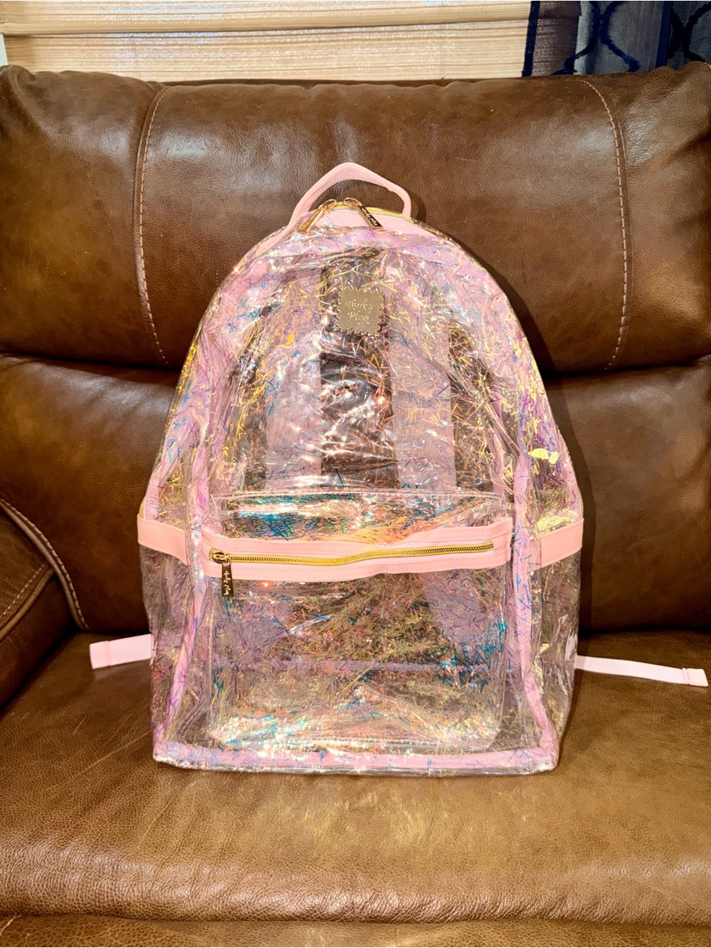 cheeky plum Holographic Clear Backpack with Pink Trim and Gold Hardware
